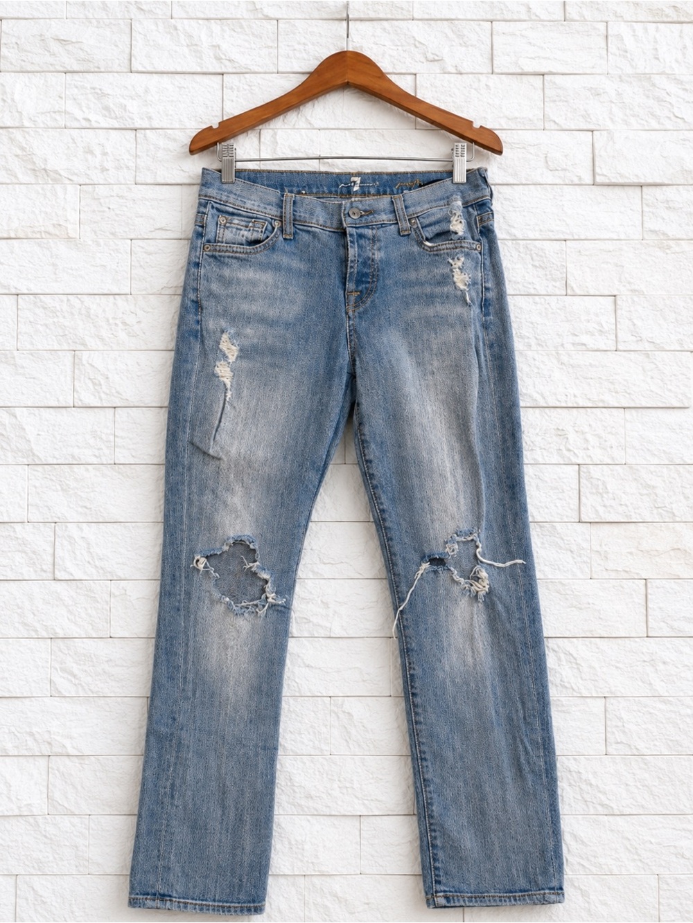 7 For All Mankind Skinny Boyfriend Jeans Distressed Light Wash Ripped Denim Wom